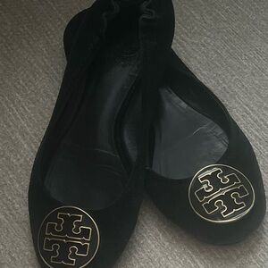 Tory Burch Black Flats with Gold Emblem